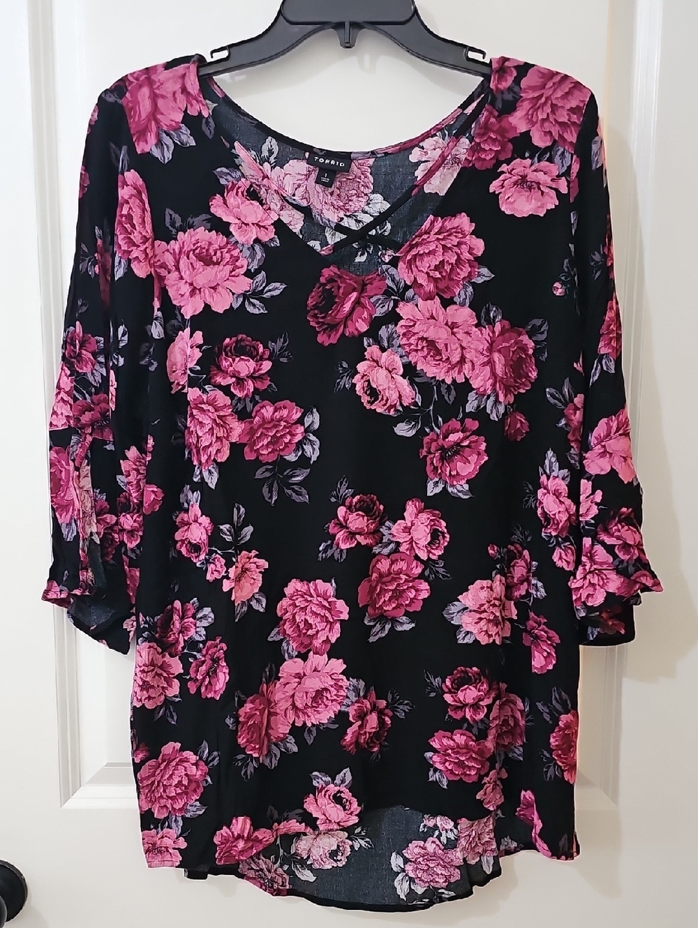 torrid Black Top with Pink Floral V-Neck Tunic